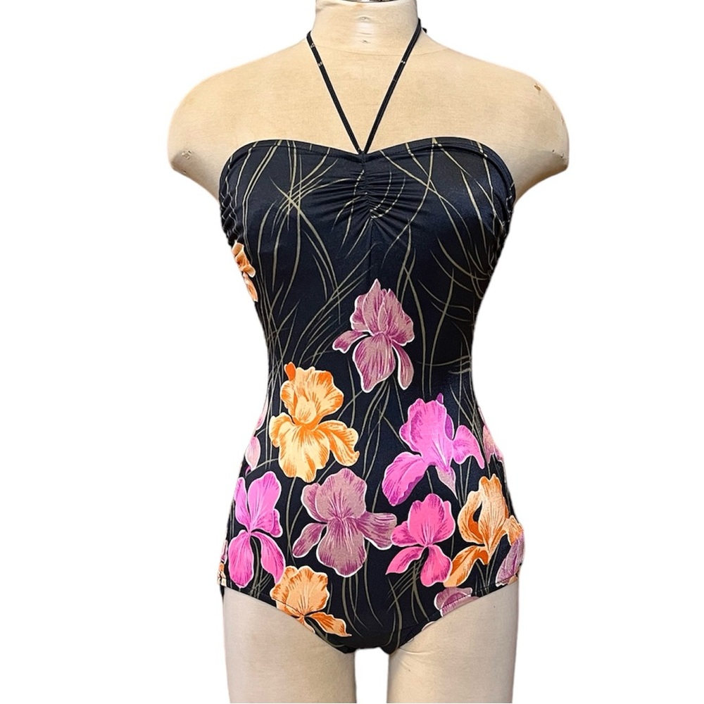 Vintage Robby Len Swimsuit Floral One Piece Halter Bandeau 11/12 S Small New